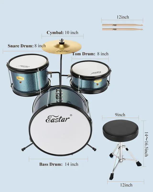 Alt view image 3 of 6 - Kids Drum Set 3-Piece for Beginners, 14 inch Drum Kit with Adjustable Throne, Cymbal, Pedal & Two Pairs of Drumsticks, Junior Drum Set with Bass Tom Snare Drum, Metallic Sky Blue
