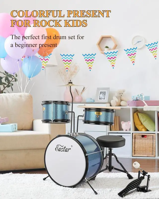 Alt view image 2 of 6 - Kids Drum Set 3-Piece for Beginners, 14 inch Drum Kit with Adjustable Throne, Cymbal, Pedal & Two Pairs of Drumsticks, Junior Drum Set with Bass Tom Snare Drum, Metallic Sky Blue