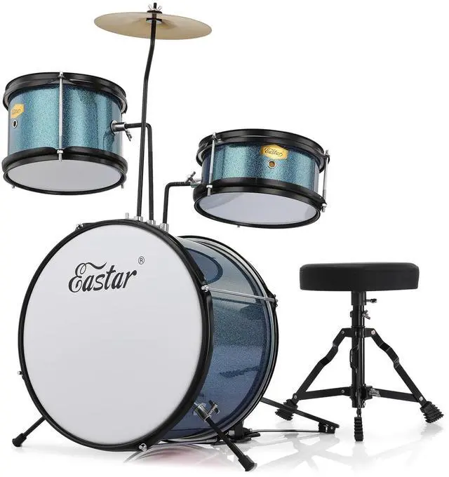 Main image of Kids Drum Set 3-Piece for Beginners, 14 inch Drum Kit with Adjustable Throne, Cymbal, Pedal & Two Pairs of Drumsticks, Junior Drum Set with Bass Tom Snare Drum, Metallic Sky Blue