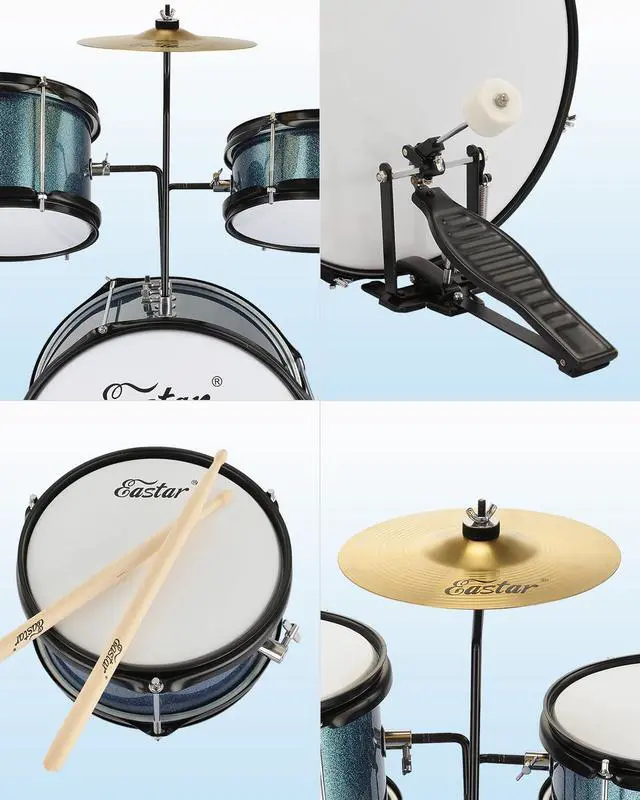 Alt view image 4 of 6 - Kids Drum Set 3-Piece for Beginners, 14 inch Drum Kit with Adjustable Throne, Cymbal, Pedal & Two Pairs of Drumsticks, Junior Drum Set with Bass Tom Snare Drum, Metallic Sky Blue