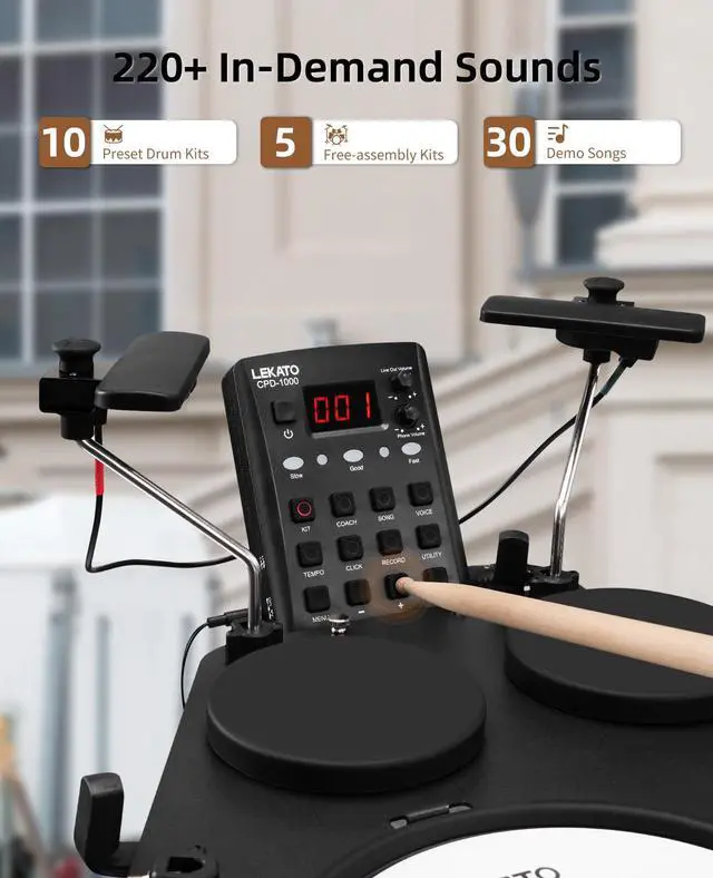 Alt view image 3 of 7 - CPD-1000 Electronic Drum Set with Quiet Mesh Pads, Portable Electric Drum Set, 220+ Sounds, USB MIDI, 2 Robust Footswitch, Sticks, Travel Bag