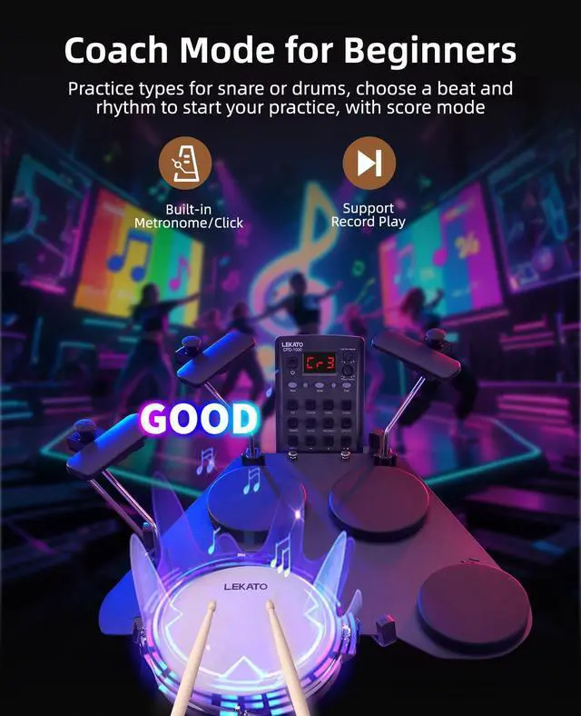 Alt view image 4 of 7 - CPD-1000 Electronic Drum Set with Quiet Mesh Pads, Portable Electric Drum Set, 220+ Sounds, USB MIDI, 2 Robust Footswitch, Sticks, Travel Bag