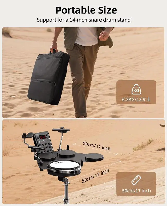 Alt view image 7 of 7 - CPD-1000 Electronic Drum Set with Quiet Mesh Pads, Portable Electric Drum Set, 220+ Sounds, USB MIDI, 2 Robust Footswitch, Sticks, Travel Bag