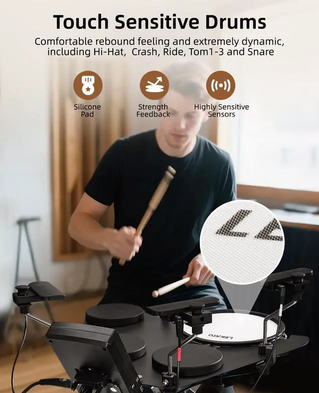 Alt view image 2 of 7 - CPD-1000 Electronic Drum Set with Quiet Mesh Pads, Portable Electric Drum Set, 220+ Sounds, USB MIDI, 2 Robust Footswitch, Sticks, Travel Bag
