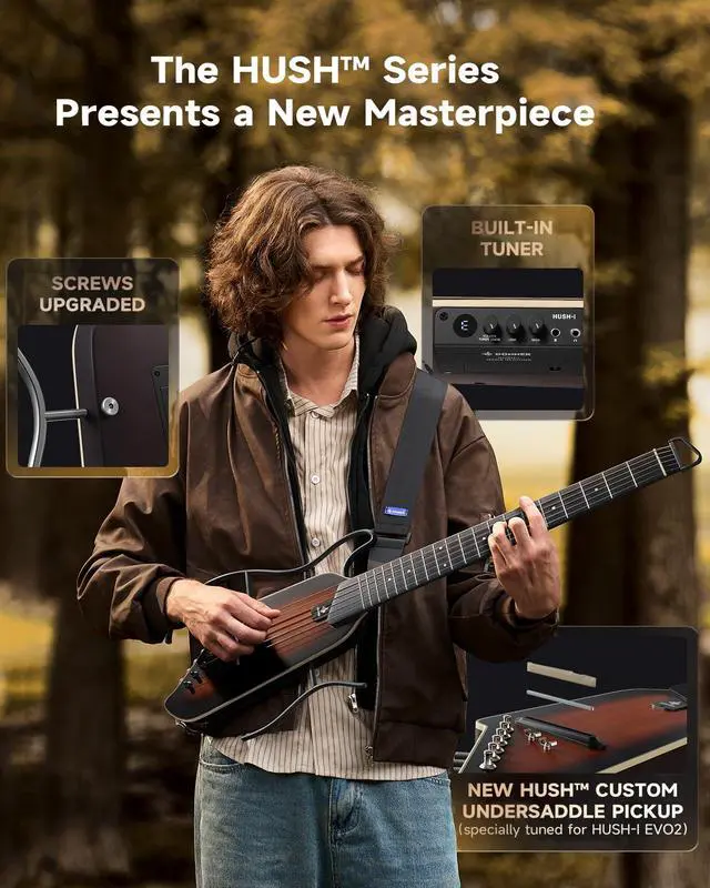 Alt view image 2 of 7 - HUSH I EVO2 Acoustic Electric Travel Guitar Portable Headless Quiet Practice Guitar, Ultra-Light, Mahogany Body with Built-in Tuner, Detachable Stands & Headphone Jack - Sunburst