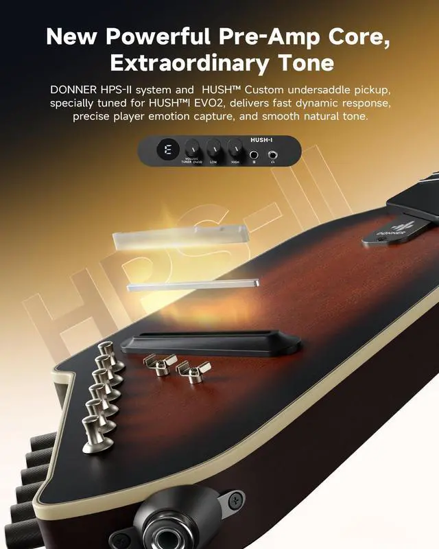 Alt view image 4 of 7 - HUSH I EVO2 Acoustic Electric Travel Guitar Portable Headless Quiet Practice Guitar, Ultra-Light, Mahogany Body with Built-in Tuner, Detachable Stands & Headphone Jack - Sunburst