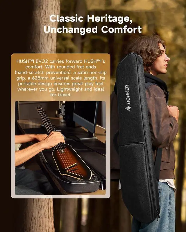 Alt view image 3 of 7 - HUSH I EVO2 Acoustic Electric Travel Guitar Portable Headless Quiet Practice Guitar, Ultra-Light, Mahogany Body with Built-in Tuner, Detachable Stands & Headphone Jack - Sunburst
