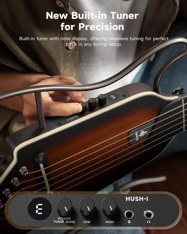 Alt view image 5 of 7 - HUSH I EVO2 Acoustic Electric Travel Guitar Portable Headless Quiet Practice Guitar, Ultra-Light, Mahogany Body with Built-in Tuner, Detachable Stands & Headphone Jack - Sunburst