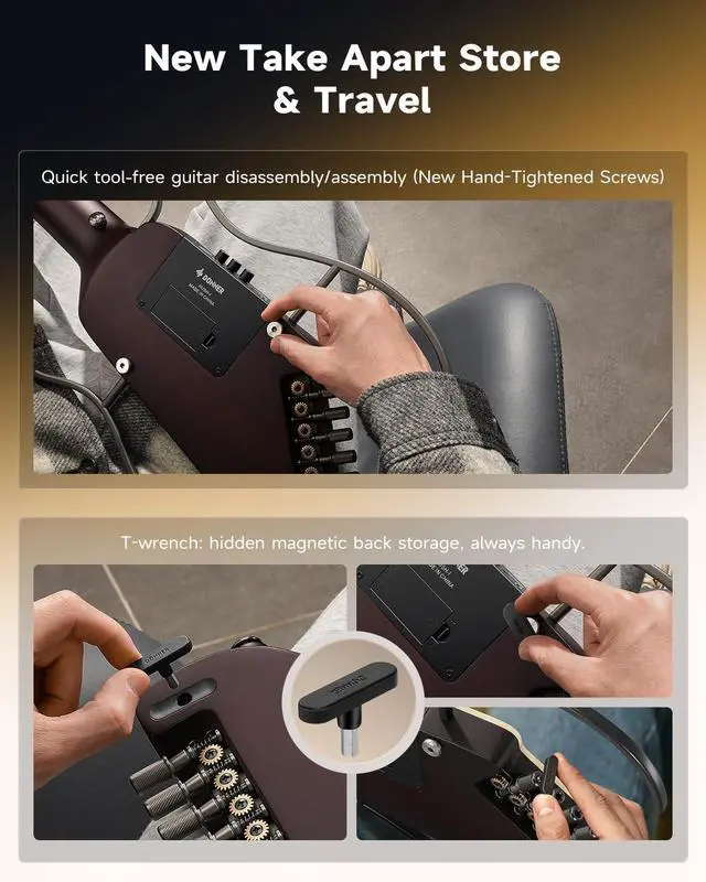 Alt view image 7 of 7 - HUSH I EVO2 Acoustic Electric Travel Guitar Portable Headless Quiet Practice Guitar, Ultra-Light, Mahogany Body with Built-in Tuner, Detachable Stands & Headphone Jack - Sunburst