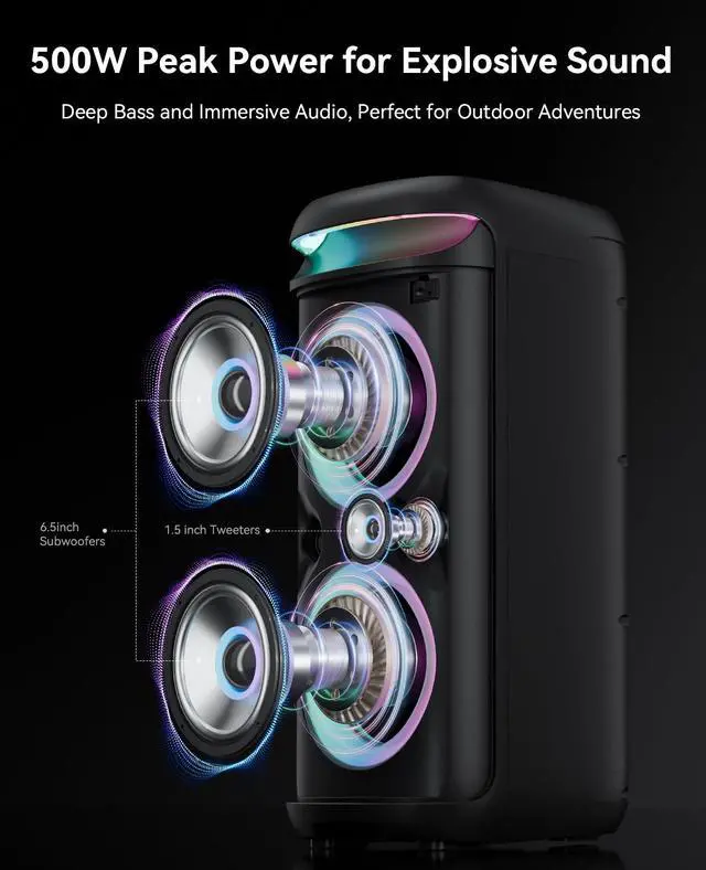 Alt view image 2 of 7 - GKD60 Karaoke Machine with 2 Wireless Microphones for Adults, Portable Bluetooth Party Speaker, 500W Peak Power PA System with LED Disco Lights, 6.5'' Speaker Big Sound, 8000mAh Battery for Outdoor