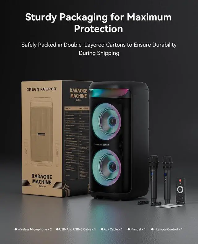 Alt view image 6 of 7 - GKD60 Karaoke Machine with 2 Wireless Microphones for Adults, Portable Bluetooth Party Speaker, 500W Peak Power PA System with LED Disco Lights, 6.5'' Speaker Big Sound, 8000mAh Battery for Outdoor