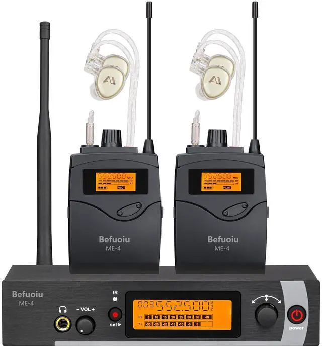 Main image of UHF Wireless in Ear Monitor System 2 Pack with Earphones, 16 Channel Adjustable Frequency Wireless IEM System for Live Performance, Bands, Studio, 200ft Range