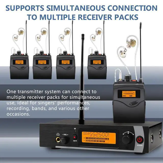 Alt view image 7 of 7 - UHF Wireless in Ear Monitor System 2 Pack with Earphones, 16 Channel Adjustable Frequency Wireless IEM System for Live Performance, Bands, Studio, 200ft Range