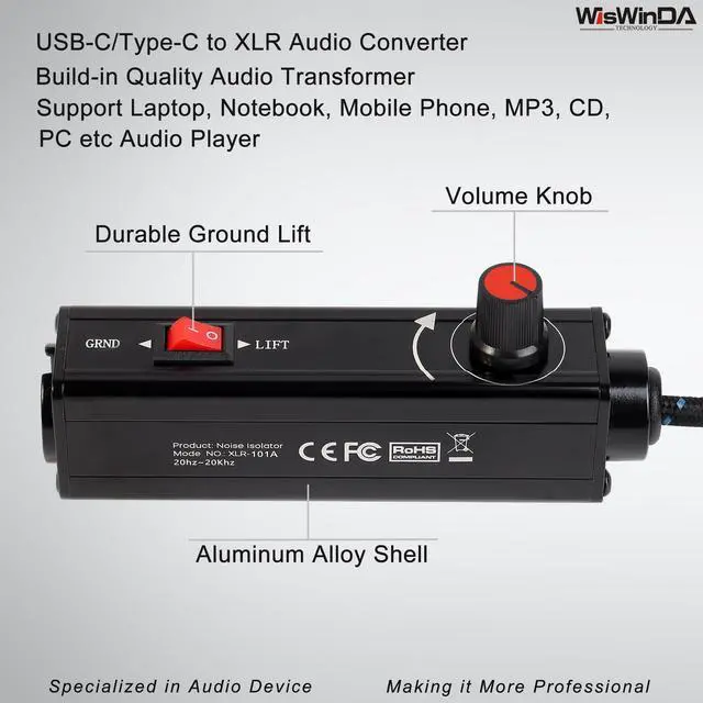Alt view image 3 of 7 - Pro101C Type-C/USB-C to XLR Isolation Box with Volume Controller and Ground Lift Switch Build-in Cord Length 3.3ft with USB-C Plug (Pro 101C)