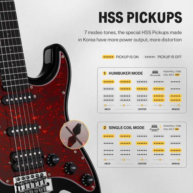 Alt view image 4 of 7 - DST-200 Electric Guitar with HSS Pickup Coil Split | Designer Series | 39'' Stylish Electric Solid Body Guitar for Beginner Intermediate & Pro Players with Online Lesson, Black