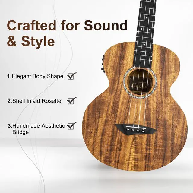 Alt view image 2 of 7 - CB207 Acacia Baritone Acoustic Electric Ukulele with Truss Rod | 30 in Additional Strings, Padded Gig Bag, Strap and EQ cable