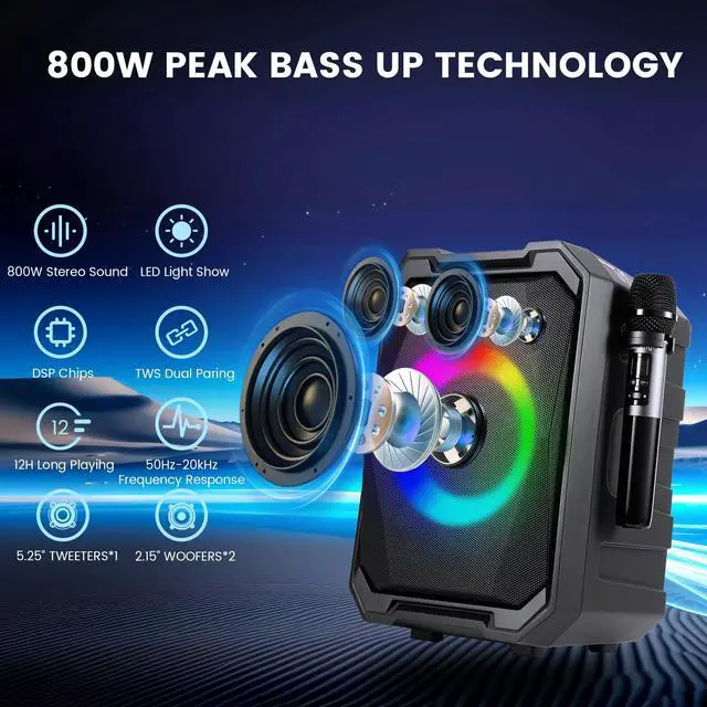 Alt view image 2 of 7 - Karaoke Machine with 2 Wireless Microphones, Portable Bluetooth Speaker | LED Lights, Bass/Treble Adjustment, TWS, 800W Peak PA System, Supports USB/AUX/Mic-in