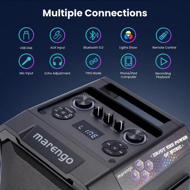 Alt view image 5 of 7 - Karaoke Machine with 2 Wireless Microphones, Portable Bluetooth Speaker | LED Lights, Bass/Treble Adjustment, TWS, 800W Peak PA System, Supports USB/AUX/Mic-in