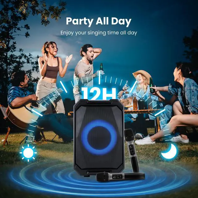 Alt view image 4 of 7 - Karaoke Machine with 2 Wireless Microphones, Portable Bluetooth Speaker | LED Lights, Bass/Treble Adjustment, TWS, 800W Peak PA System, Supports USB/AUX/Mic-in