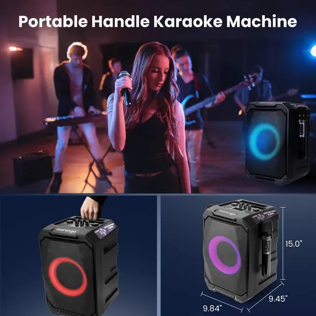 Alt view image 6 of 7 - Karaoke Machine with 2 Wireless Microphones, Portable Bluetooth Speaker | LED Lights, Bass/Treble Adjustment, TWS, 800W Peak PA System, Supports USB/AUX/Mic-in
