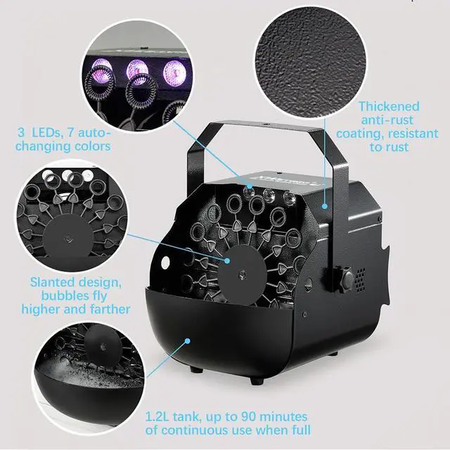 Alt view image 4 of 7 - Stage Bubble Machine RGB LED Lights Wireless Remote High Output | 3000 Bubbles Per Min 0.3Gal Tank 2H Continuous Use, 7 Color Auto Lights for Wedding Carnival Party Performance