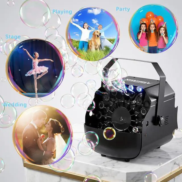 Alt view image 6 of 7 - Stage Bubble Machine RGB LED Lights Wireless Remote High Output | 3000 Bubbles Per Min 0.3Gal Tank 2H Continuous Use, 7 Color Auto Lights for Wedding Carnival Party Performance