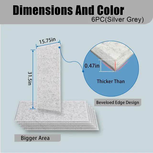 Alt view image 4 of 7 - 6 Pack Thickened Soundproof Wall Panels,15.75" X 31.5" X 0.47" High Density Beveled Edge Acoustic Panels, Sound Dampening Panels for Walls Bedroom Studio (Silver Grey)