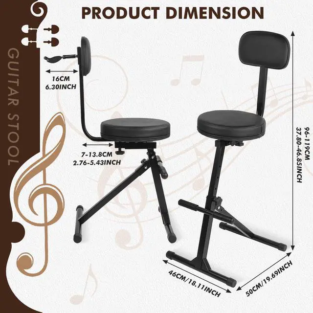 Alt view image 2 of 7 - Guitar Stool with Back Support, Height Adjustable Professional Seat with Hanger, Musician Stool Guitarist Throne Guitar Chair, Black