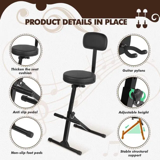 Alt view image 4 of 7 - Guitar Stool with Back Support, Height Adjustable Professional Seat with Hanger, Musician Stool Guitarist Throne Guitar Chair, Black