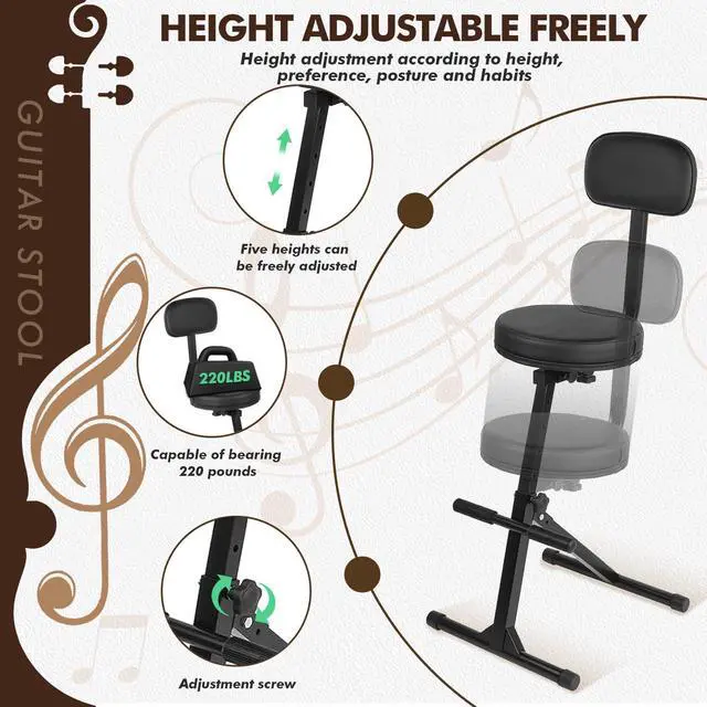 Alt view image 3 of 7 - Guitar Stool with Back Support, Height Adjustable Professional Seat with Hanger, Musician Stool Guitarist Throne Guitar Chair, Black