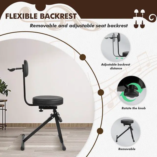 Alt view image 7 of 7 - Guitar Stool with Back Support, Height Adjustable Professional Seat with Hanger, Musician Stool Guitarist Throne Guitar Chair, Black