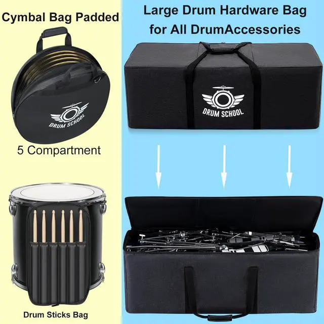 Alt view image 5 of 7 - Drum Bags Set 9-pcs, All in One Drum Carrying Carrying Soft Cases Set | For 10" / 12" / 13" Tom, 14" Snare, 16" Floor Tom, 22" x 18 Bass Drum, 22" Cymbals Bag, Drumsticks bag, 41 Hardware Bag