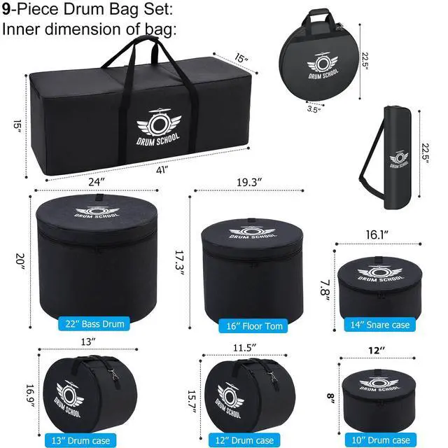 Alt view image 6 of 7 - Drum Bags Set 9-pcs, All in One Drum Carrying Carrying Soft Cases Set | For 10" / 12" / 13" Tom, 14" Snare, 16" Floor Tom, 22" x 18 Bass Drum, 22" Cymbals Bag, Drumsticks bag, 41 Hardware Bag