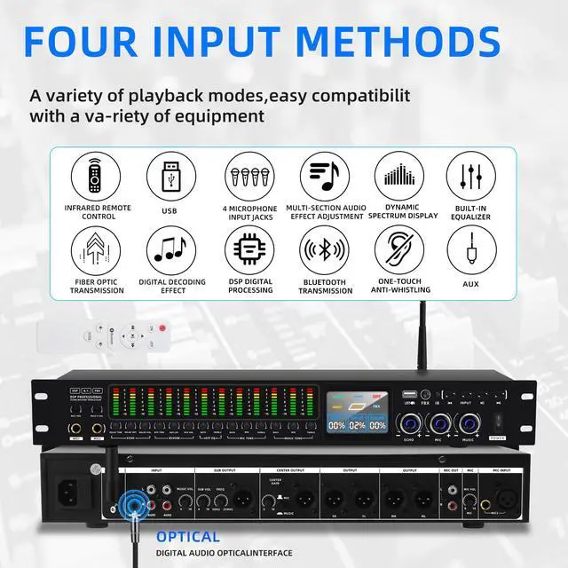 Alt view image 2 of 7 - K-6 Professional KTV Digital pre-stage Effector Anti-howling Audio Processor Karaoke Mixer Reverberator with DSp effect echo USB MP3 Bluetooth optical.4 microphone input With remote control