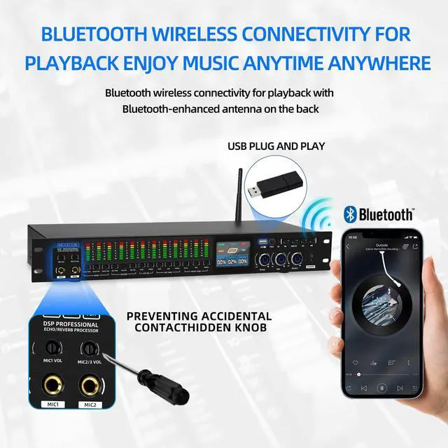Alt view image 5 of 7 - K-6 Professional KTV Digital pre-stage Effector Anti-howling Audio Processor Karaoke Mixer Reverberator with DSp effect echo USB MP3 Bluetooth optical.4 microphone input With remote control
