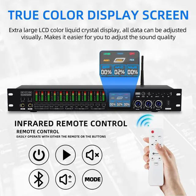 Alt view image 6 of 7 - K-6 Professional KTV Digital pre-stage Effector Anti-howling Audio Processor Karaoke Mixer Reverberator with DSp effect echo USB MP3 Bluetooth optical.4 microphone input With remote control