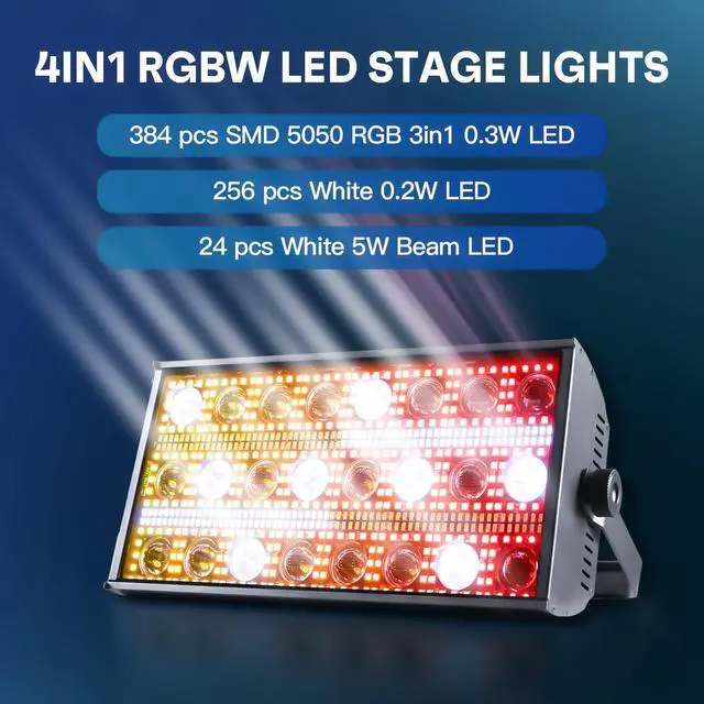 Alt view image 4 of 7 - LED Stage Light 300W Strobe Lights, Wash & Beam DJ Bar Lighting, 664 Pcs RGBW LED with DMX512 Sound Activated 5/10/112 CH Uplights for Christmas Event Party Wedding Church Disco Club