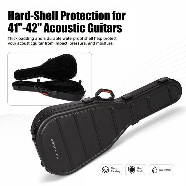 Alt view image 2 of 7 - Guitar Case Hard for 41"-42" Acoustic Guitar, Waterproof Hard Shell Case with Thick Padding, Durable PP One-Piece Molded for Most Standard Acoustic Guitars