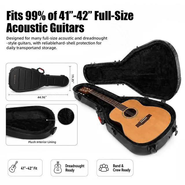 Alt view image 4 of 7 - Guitar Case Hard for 41"-42" Acoustic Guitar, Waterproof Hard Shell Case with Thick Padding, Durable PP One-Piece Molded for Most Standard Acoustic Guitars