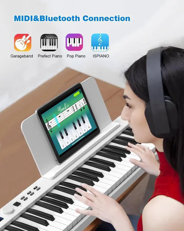 Alt view image 4 of 6 - Folding Piano Keyboard 88 Key, Portable Piano Keyboard with Standard Semi Weighted Key, Foldable Piano Support Bluetooth/MIDI with Pedal, Speakers, Ideal for Beginner and Adult