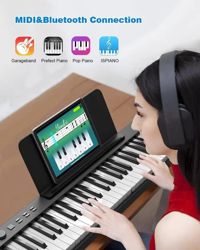 Alt view image 3 of 7 - Folding Piano Keyboard 88 Key, Portable Piano Keyboard with Standard Semi Weighted Key, Foldable Piano Support Bluetooth/MIDI with Pedal, Speakers, Ideal for Beginner and Adult