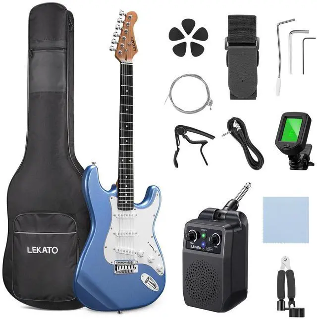 Main image of Beginner Electric Guitar Kit 39 Inch Full Size Solid Body Guitar SSS for Starter Roasted Maple Neck Stainless Steel Frets, 5w Plug-in Amp, Bag, Tuner, Capo, Strap, Picks, String, Cable - Blue