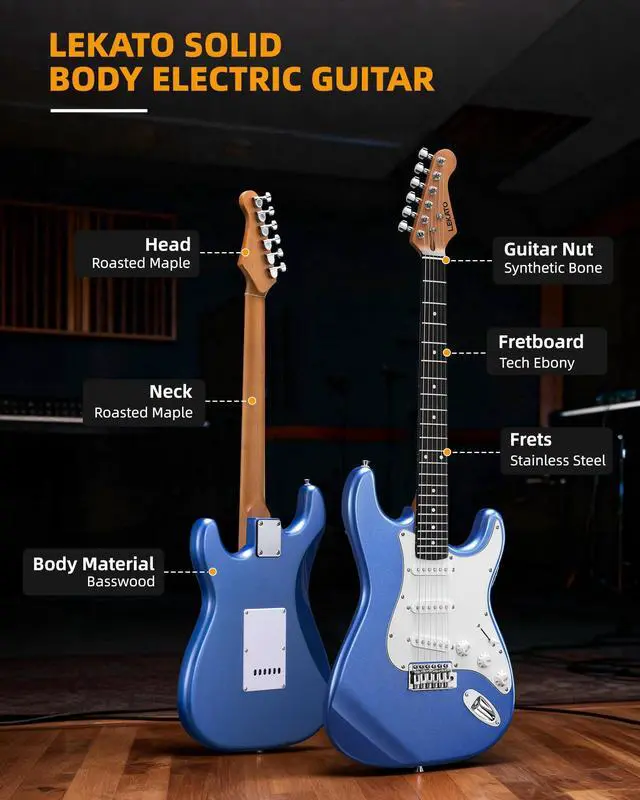 Alt view image 3 of 7 - Beginner Electric Guitar Kit 39 Inch Full Size Solid Body Guitar SSS for Starter Roasted Maple Neck Stainless Steel Frets, 5w Plug-in Amp, Bag, Tuner, Capo, Strap, Picks, String, Cable - Blue
