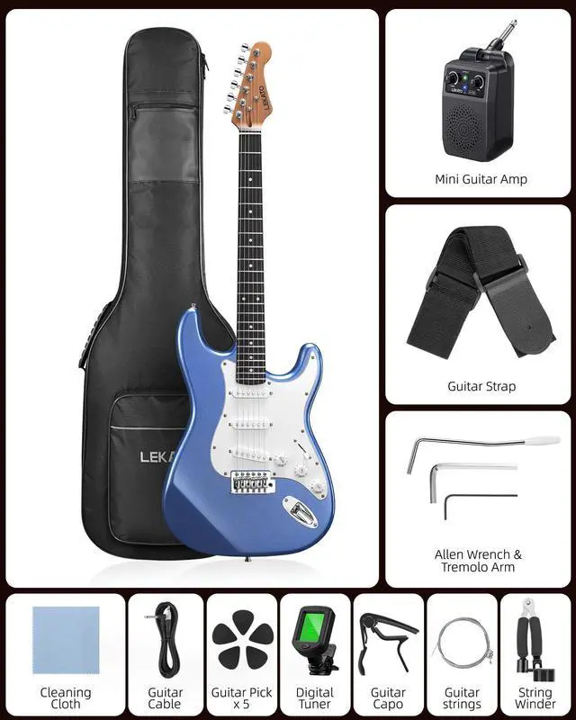 Alt view image 2 of 7 - Beginner Electric Guitar Kit 39 Inch Full Size Solid Body Guitar SSS for Starter Roasted Maple Neck Stainless Steel Frets, 5w Plug-in Amp, Bag, Tuner, Capo, Strap, Picks, String, Cable - Blue