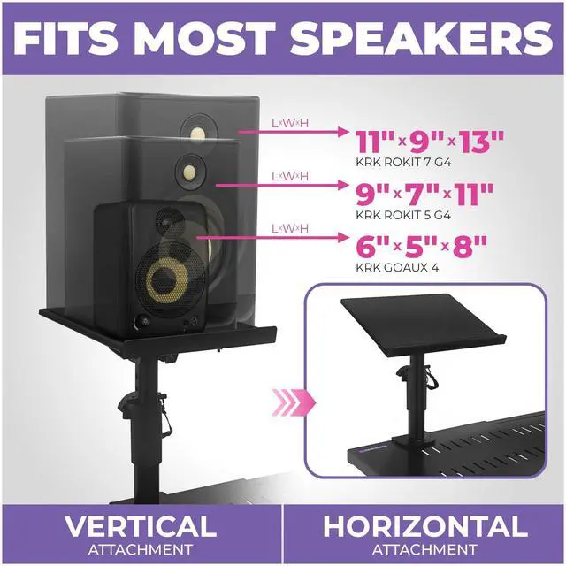Alt view image 2 of 6 - Studio Monitor Stands - Music Studio Desktop Speaker Stand - 2 Pack 12x9 Clamp-on Adjustable Short or Tall Speaker Support for Music Booth Desk Audio Monitor Stand Mount with Tilt