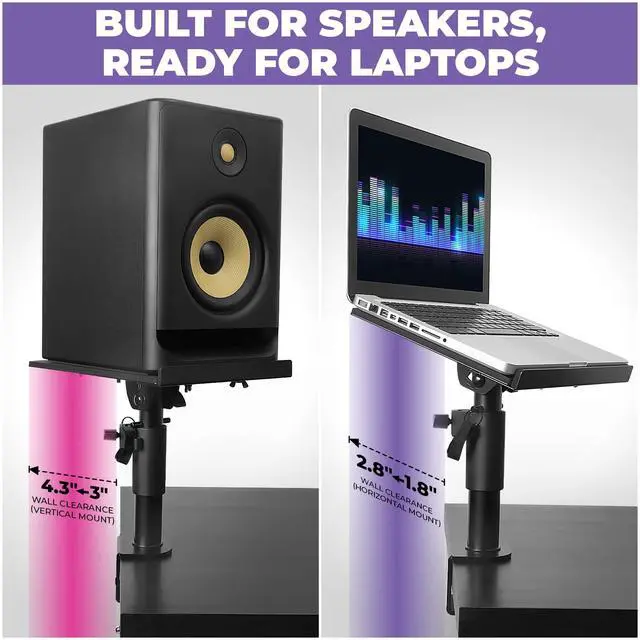 Alt view image 3 of 6 - Studio Monitor Stands - Music Studio Desktop Speaker Stand - 2 Pack 12x9 Clamp-on Adjustable Short or Tall Speaker Support for Music Booth Desk Audio Monitor Stand Mount with Tilt
