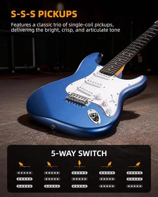 Alt view image 4 of 7 - Beginner Electric Guitar Kit 39 Inch Full Size Solid Body Guitar SSS for Starter Roasted Maple Neck Stainless Steel Frets, 5w Plug-in Amp, Bag, Tuner, Capo, Strap, Picks, String, Cable - Blue