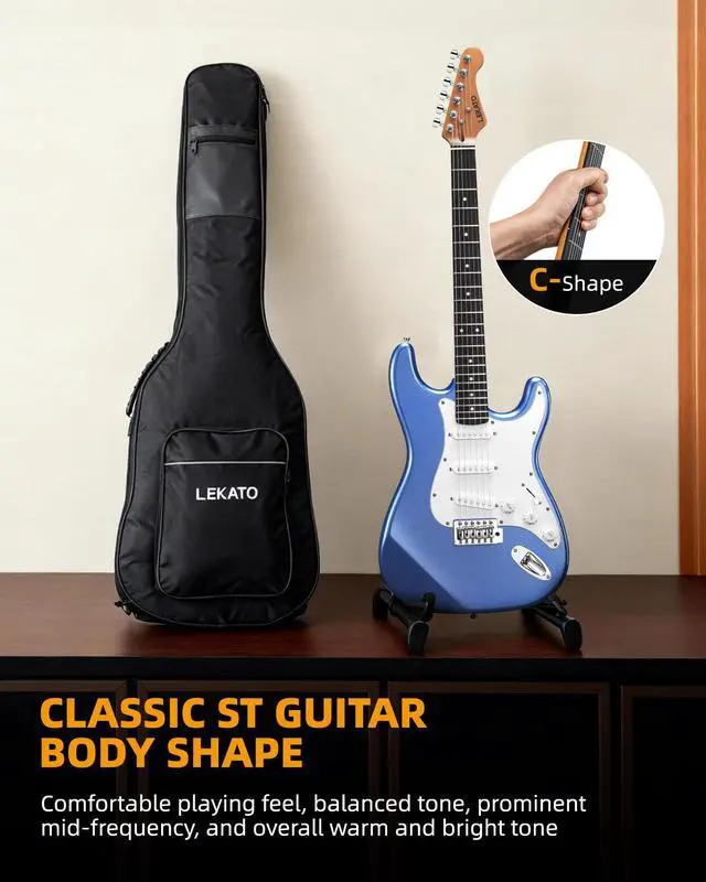 Alt view image 6 of 7 - Beginner Electric Guitar Kit 39 Inch Full Size Solid Body Guitar SSS for Starter Roasted Maple Neck Stainless Steel Frets, 5w Plug-in Amp, Bag, Tuner, Capo, Strap, Picks, String, Cable - Blue