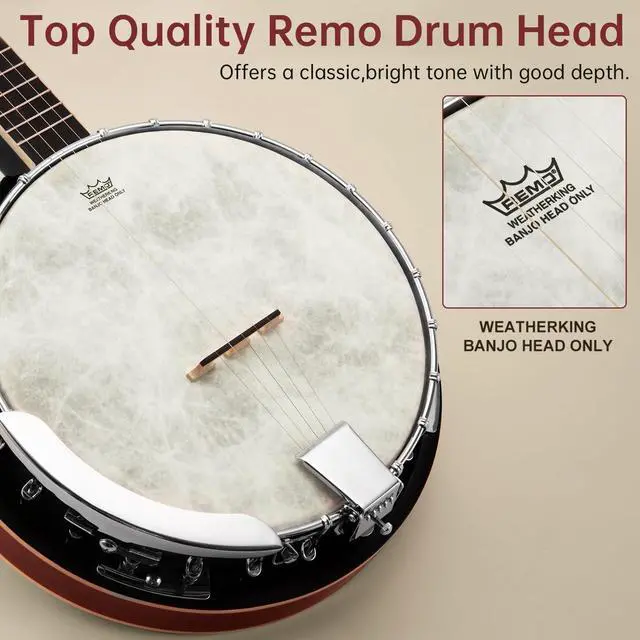 Alt view image 3 of 7 - Banjo, 5 String Banjos with Remo Head Full Size 38 Inch Closed Back with Removable Resonator, Strings Pack, Finger Picks, Strap, Case, Tuner Set Accessories for Starter Adults Beginner Gift