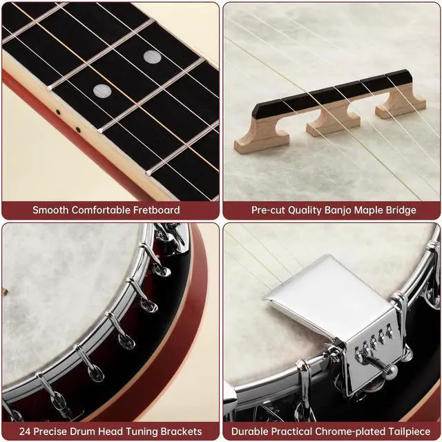 Alt view image 4 of 7 - Banjo, 5 String Banjos with Remo Head Full Size 38 Inch Closed Back with Removable Resonator, Strings Pack, Finger Picks, Strap, Case, Tuner Set Accessories for Starter Adults Beginner Gift